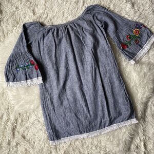 Beach Lunch Lounge Off Shoulder Embroidered Linen Dress, Size M